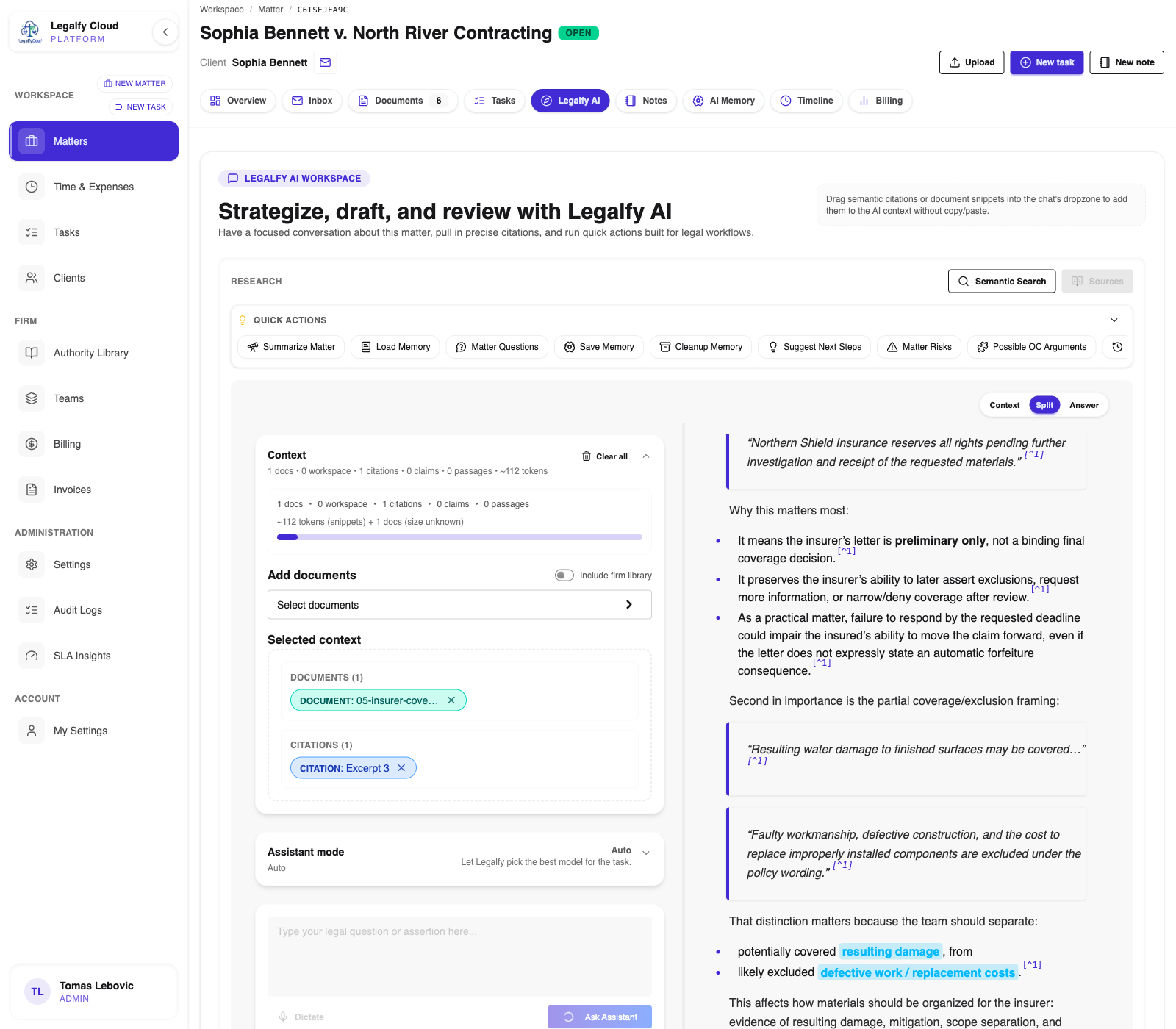 Legalfy Cloud showing an answer with supporting matter records.