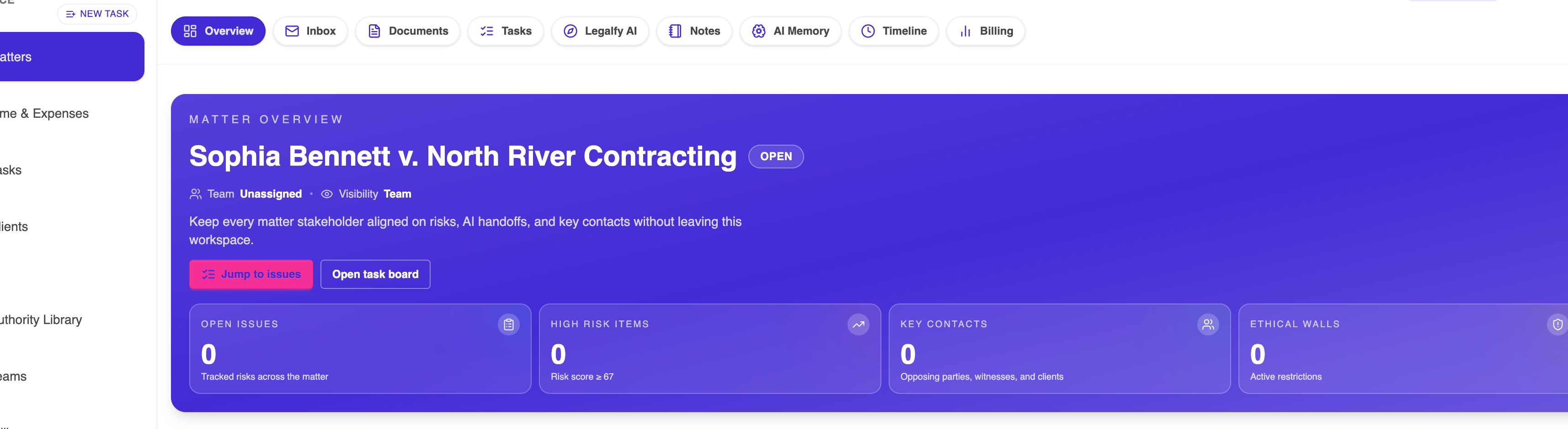 Legalfy Cloud matter workspace overview.